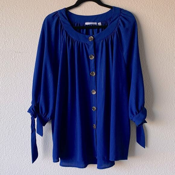 Notations metallic crepe statement tie sleeve button down blouse shirt plus 3X - Picture 4 of 7